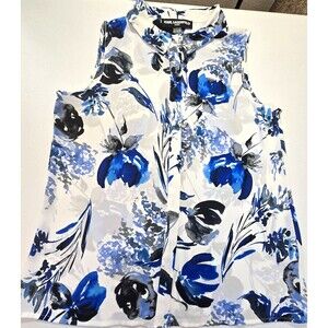 Karl Lagerfeld Paris Semi Sheer Button Up Blouse Women's Size M Floral Blue
